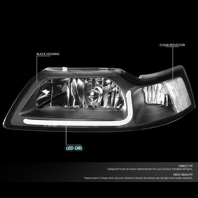 D-Motoring - Headlights - LED DRL - Black Housing - Clear Corner - Plug-n-Play - Pair - 99-04 Ford Mustang - 3