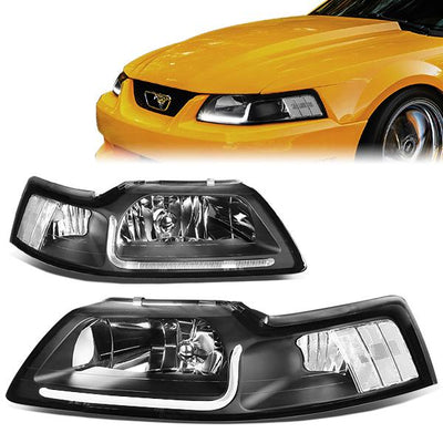 99-04 Ford Mustang Headlights - LED DRL - Black Housing - Clear Corner - Plug-n-Play - Pair