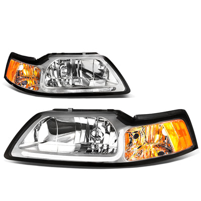 D-Motoring - Headlights - LED DRL - Chrome Housing - Clear Lens - Amber Corner - Plug-n-Play - Pair - 99-04 Ford Mustang - 1