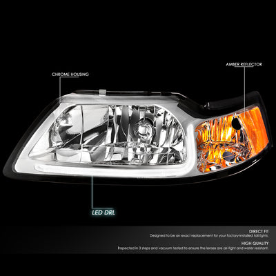 D-Motoring - Headlights - LED DRL - Chrome Housing - Clear Lens - Amber Corner - Plug-n-Play - Pair - 99-04 Ford Mustang - 3