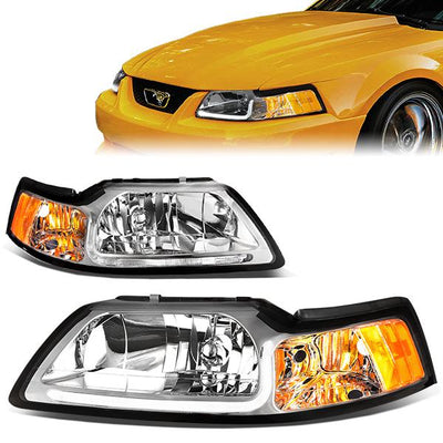 99-04 Ford Mustang Headlights - LED DRL - Chrome Housing - Clear Lens - Amber Corner - Plug-n-Play - Pair