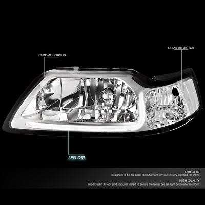D-Motoring - Headlights - LED DRL - Chrome Housing - Clear Lens - Clear Corner - Plug-n-Play - Pair - 99-04 Ford Mustang - 3