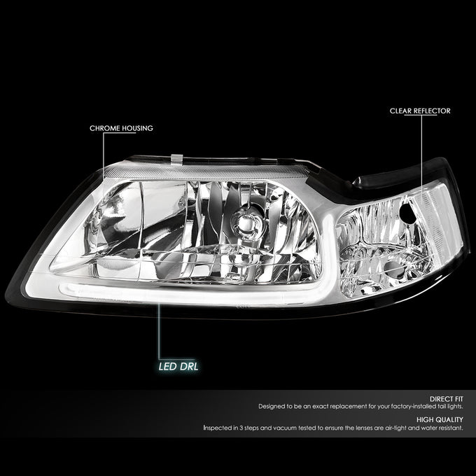 D-Motoring - Headlights - LED DRL - Chrome Housing - Clear Lens - Clear Corner - Plug-n-Play - Pair - 99-04 Ford Mustang - 3