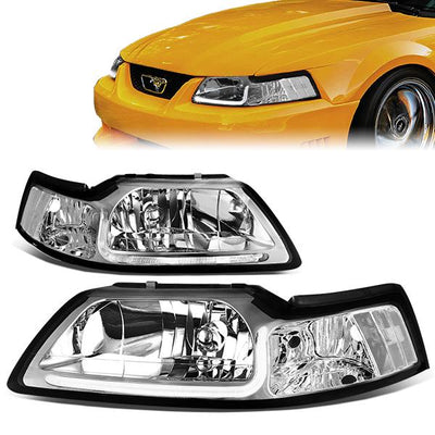 99-04 Ford Mustang Headlights - LED DRL - Chrome Housing - Clear Lens - Clear Corner - Plug-n-Play - Pair