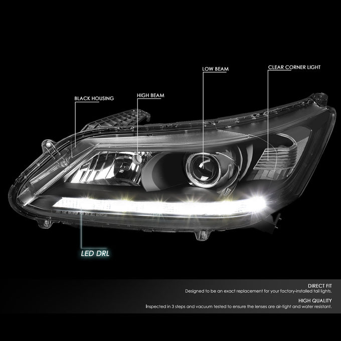 D-Motoring - Headlights - LED DRL - Black Housing - Clear Corner - Projector - Plug-n-Play - Pair - 13-15 Honda Accord 4-Door Sedan - 2