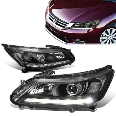 13-15 Honda Accord Headlights - LED DRL - Black Housing - Clear Corner - Projector - Plug-n-Play - Pair