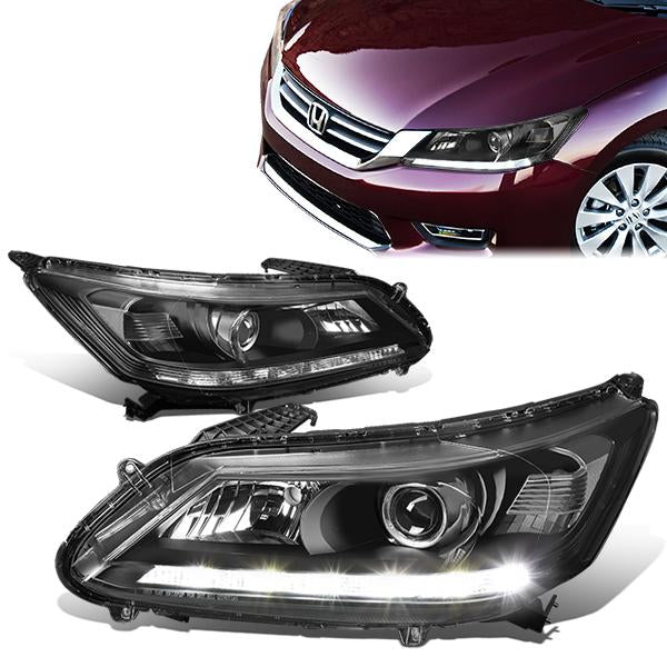 13-15 Honda Accord Headlights - LED DRL - Black Housing - Clear Corner - Projector - Plug-n-Play - Pair