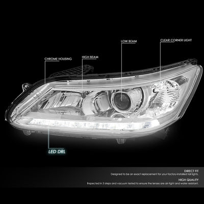 D-Motoring - Headlights - LED DRL - Chrome Housing - Clear Corner - Projector - Plug-n-Play - Pair - 13-15 Honda Accord 4-Door Sedan - 2