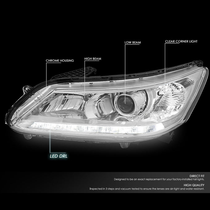 D-Motoring - Headlights - LED DRL - Chrome Housing - Clear Corner - Projector - Plug-n-Play - Pair - 13-15 Honda Accord 4-Door Sedan - 2