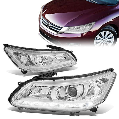 13-15 Honda Accord Headlights - LED DRL - Chrome Housing - Clear Corner - Projector - Plug-n-Play - Pair