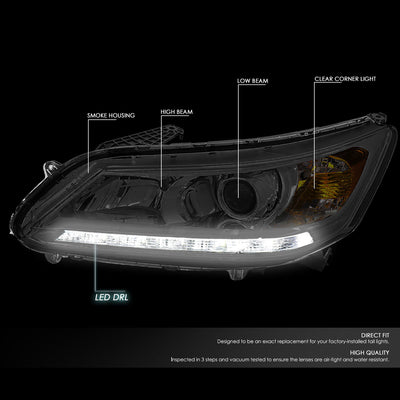 D-Motoring - Headlights - LED DRL - Smoked Lens - Amber Corner - Projector - Plug-n-Play - Pair - 13-15 Honda Accord 4-Door Sedan - 2