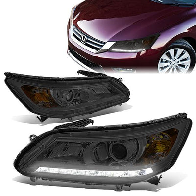 13-15 Honda Accord Headlights - LED DRL - Smoked Housing - Smoked Lens - Amber Corner - Projector - Plug-n-Play - Pair
