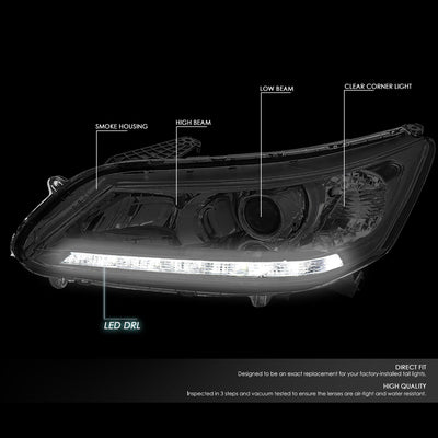 D-Motoring - Headlights - LED DRL - Smoked Lens - Clear Corner - Projector - Plug-n-Play - Pair - 13-15 Honda Accord 4-Door Sedan - 2
