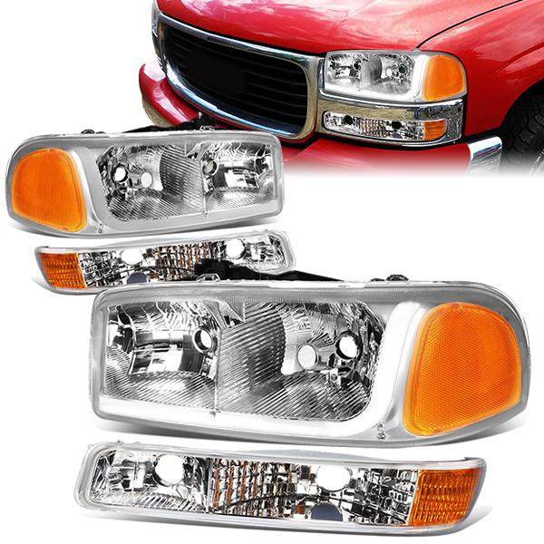 headlights-gmc-sierra-yukon-chrome-housing-amber-reflector-hl-lb-sierra99-ch-am - 1