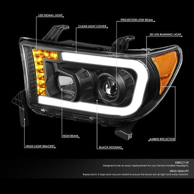07-13 Toyota Tundra LED DRL+Turn Signal Projector Headlights - Pair - HL-LB-TT07-BK-AM - 2