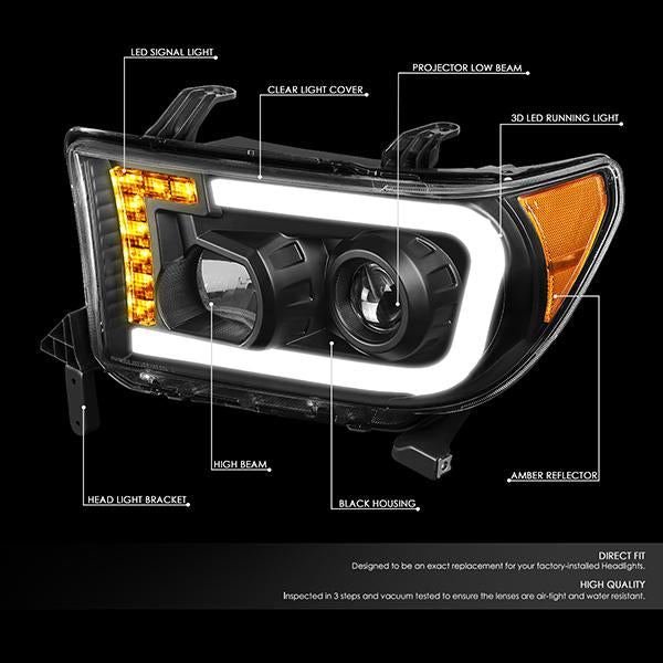 07-13 Toyota Tundra LED DRL+Turn Signal Projector Headlights - Pair - HL-LB-TT07-BK-AM - 2