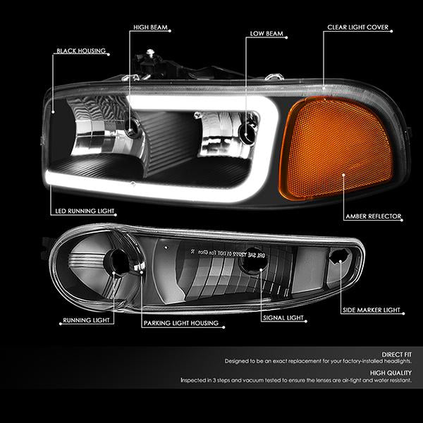 00-06 Gmc Yukon Xl Sierra Denali Headlights - LED DRL Headlight+Bumper Lamps - Clear Lens - Amber Corner - Pair - 2