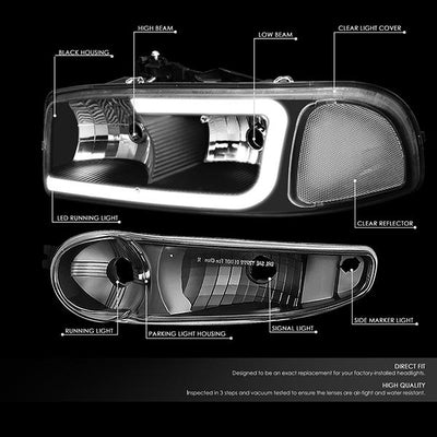 00-06 Gmc Yukon Xl Sierra Denali Headlights - LED DRL Headlight+Bumper Lamps - Clear Lens - Clear Corner - Pair - 2