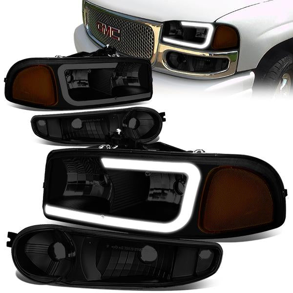 00-06 Gmc Yukon Xl Sierra Denali Headlights - LED DRL Headlight+Bumper Lamps - Smoked Lens - Amber Corner - Pair - 1