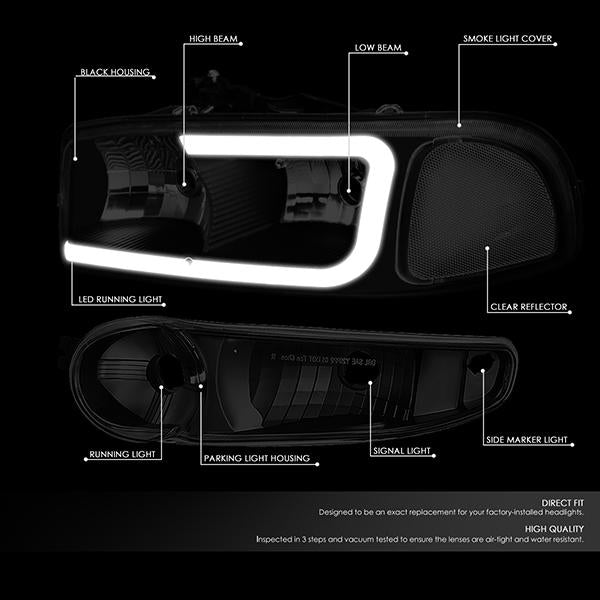 00-06 Gmc Yukon Xl Sierra Denali Headlights - LED DRL Headlight+Bumper Lamps - Smoked Lens - Clear Corner - Pair - 2