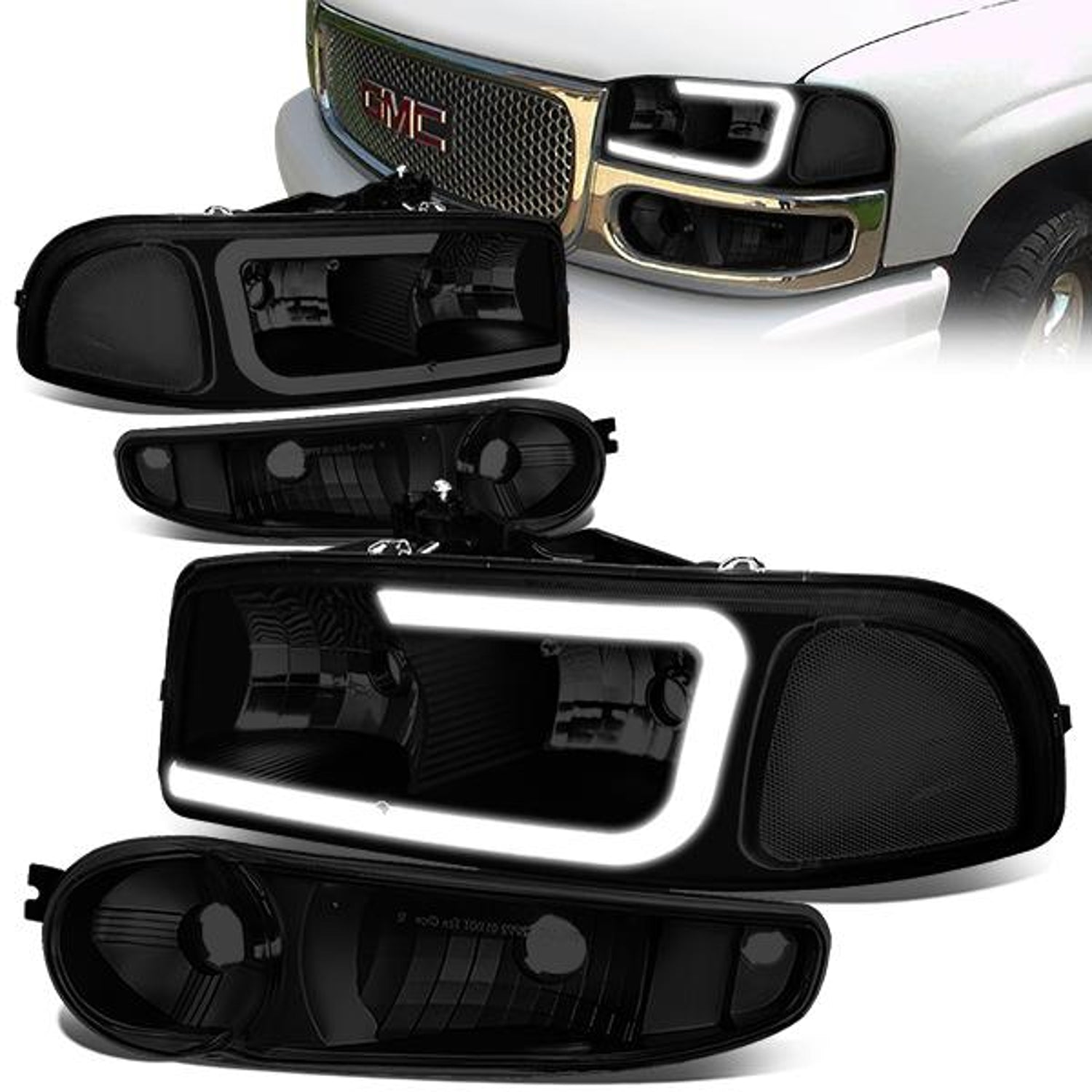 00-06 Gmc Yukon Xl Sierra Denali Headlights - LED DRL Headlight+Bumper Lamps - Smoked Lens - Clear Corner - Pair - 1