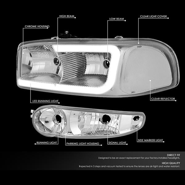 00-06 Gmc Yukon Xl Sierra Denali Headlights - LED DRL Headlight+Bumper Lamps - Clear Lens - Clear Corner - Pair - 2