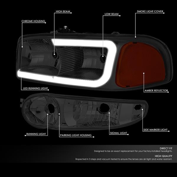 00-06 Gmc Yukon Xl Sierra Denali Headlights - LED DRL Headlight+Bumper Lamps - Smoked Lens - Amber Corner - Pair - 2