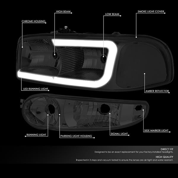 00-06 Gmc Yukon Xl Sierra Denali Headlights - LED DRL Headlight+Bumper Lamps - Smoked Lens - Clear Corner - Pair - 2