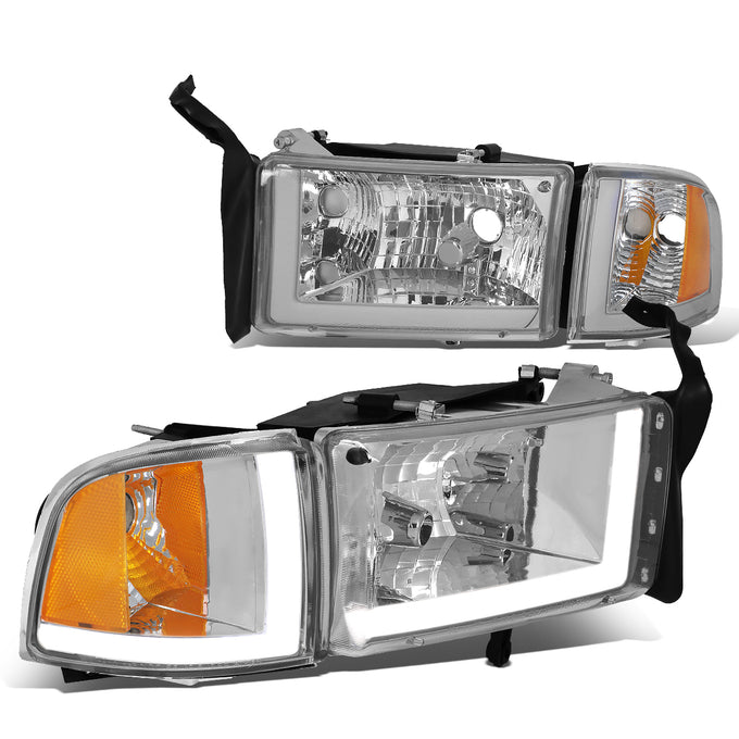 94-02 Dodge Ram Headlights - LED DRL - Chrome Housing - Clear Lens - Amber Corner - Plug-n-Play - Pair