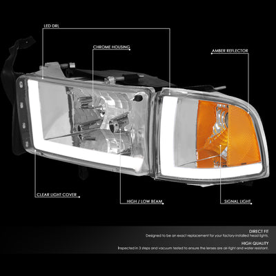 D-Motoring - 94-02 Dodge Ram Headlights - LED DRL - Chrome Housing - Clear Lens - Amber Corner - Plug-n-Play - Pair - 2