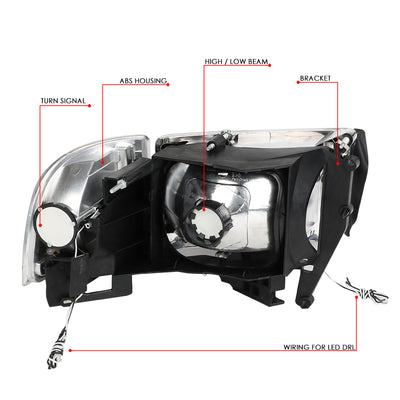 D-Motoring - 94-02 Dodge Ram Headlights - LED DRL - Chrome Housing - Clear Lens - Amber Corner - Plug-n-Play - Pair - 6