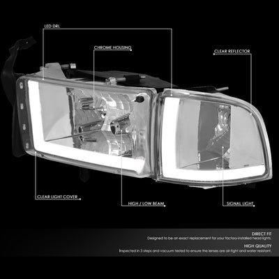 D-Motoring - 94-02 Dodge Ram Headlights - LED DRL - Chrome Housing - Clear Lens - Clear Corner - Plug-n-Play - Pair - 2