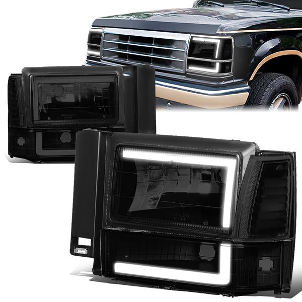led-drl-91-94-ford-explorer-headlights-bumper-corner-lamps-tinted-housing-hl-lb2-fexp91-bk-sm-cl1 - 1