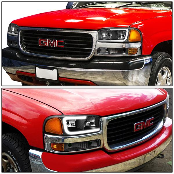 99-07 Sierra/Yukon Xl Headlights - LED DRL Headlight+Turn Signal Bumper Lamp - Clear Lens - Amber Croner - Plug-n-Play - Pair - 8