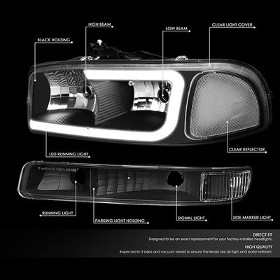 99-07 Sierra/Yukon Xl Headlights - LED DRL Headlight+Turn Signal Bumper Lamp - Clear Lens - Clear Croner - Plug-n-Play - Pair - 2
