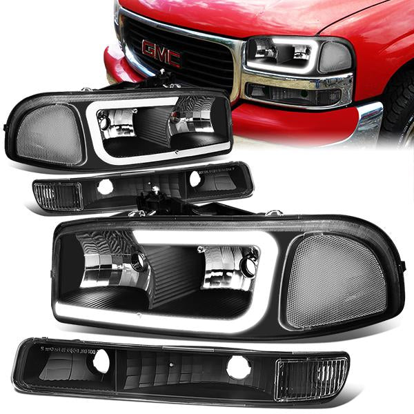 99-07 Sierra/Yukon Xl Headlights - LED DRL Headlight+Turn Signal Bumper Lamp - Clear Lens - Clear Croner - Plug-n-Play - Pair - 1
