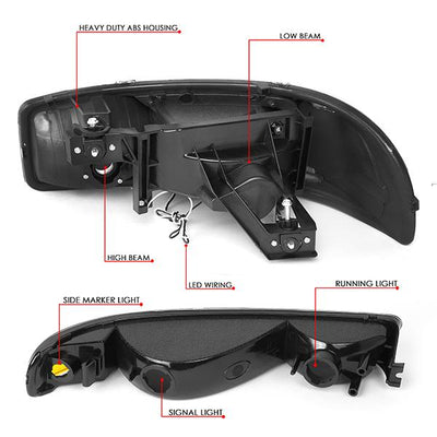 99-07 Sierra/Yukon Xl Headlights - LED DRL Headlight+Turn Signal Bumper Lamp - Smoked Lens - Amber Corner - Pair - 7