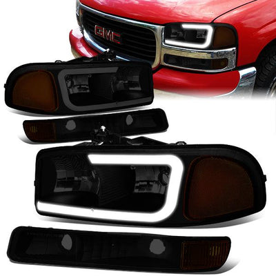 99-07 Sierra/Yukon Xl Headlights - LED DRL Headlight+Turn Signal Bumper Lamp - Smoked Lens - Amber Corner - Pair - 1