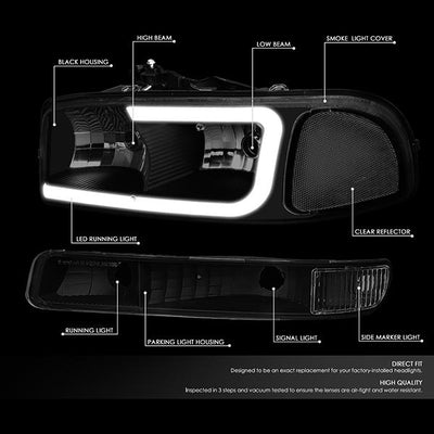 99-07 Sierra/Yukon Xl Headlights - LED DRL Headlight+Turn Signal Bumper Lamp - Smoked Lens - Clear Croner - Plug-n-Play - Pair - 2