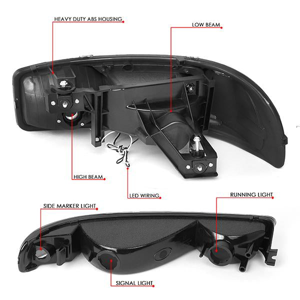 99-07 Sierra/Yukon Xl Headlights - LED DRL Headlight+Turn Signal Bumper Lamp - Smoked Lens - Clear Croner - Plug-n-Play - Pair - 7