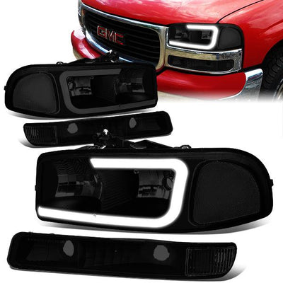 99-07 Sierra/Yukon Xl Headlights - LED DRL Headlight+Turn Signal Bumper Lamp - Smoked Lens - Clear Croner - Plug-n-Play - Pair - 1