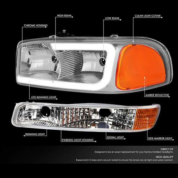 99-07 Sierra/Yukon Xl Headlights - LED DRL Headlight+Turn Signal Bumper Lamp - Clear Lens - Amber Croner - Plug-n-Play - Pair - 2
