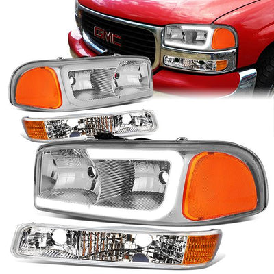99-07 Sierra/Yukon Xl Headlights - LED DRL Headlight+Turn Signal Bumper Lamp - Clear Lens - Amber Croner - Plug-n-Play - Pair - 1
