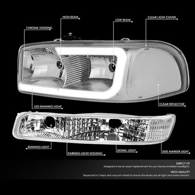 99-07 Sierra/Yukon Xl Headlights - LED DRL Headlight+Turn Signal Bumper Lamp - Clear Lens - Clear Croner - Plug-n-Play - Pair - 2