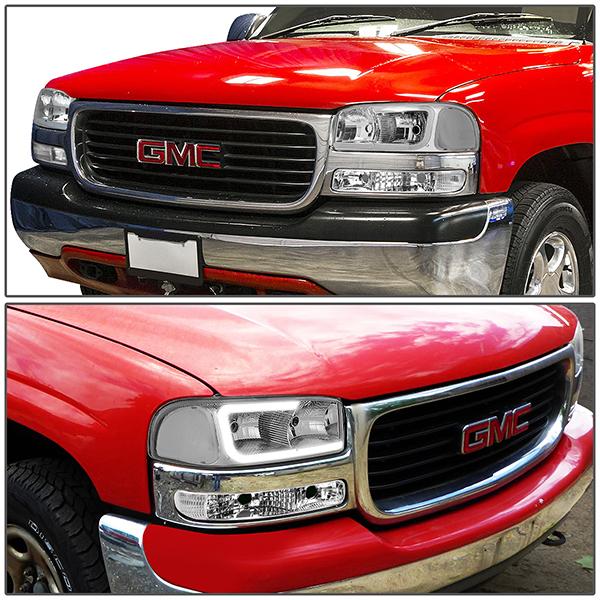 99-07 Sierra/Yukon Xl Headlights - LED DRL Headlight+Turn Signal Bumper Lamp - Clear Lens - Clear Croner - Plug-n-Play - Pair - 8