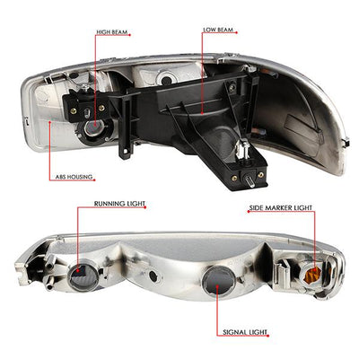 99-07 Sierra/Yukon Xl Headlights - LED DRL Headlight+Turn Signal Bumper Lamp - Smoked Lens - Amber Croner - Plug-n-Play - Pair - 7
