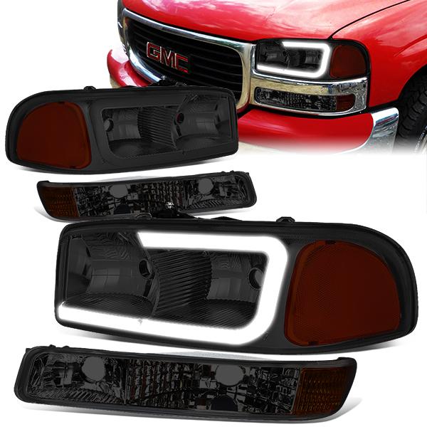 99-07 Sierra/Yukon Xl Headlights - LED DRL Headlight+Turn Signal Bumper Lamp - Smoked Lens - Amber Croner - Plug-n-Play - Pair - 1