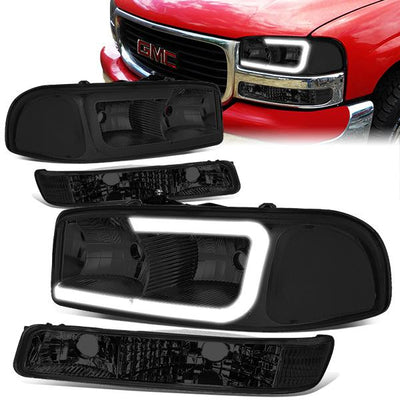 99-07 Sierra/Yukon Xl Headlights - LED DRL Headlight+Turn Signal Bumper Lamp - Smoked Lens - Clear Croner - Plug-n-Play - Pair - 1