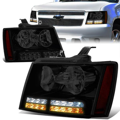 07-14 Tahoe Suburban Headlights - LED DRL+Turn Signal - Smoked Lens - Amber Corner - Pair - 1