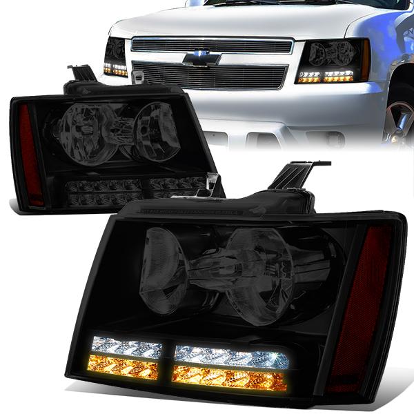 07-14 Tahoe Suburban Headlights - LED DRL+Turn Signal - Smoked Lens - Amber Corner - Pair - 1